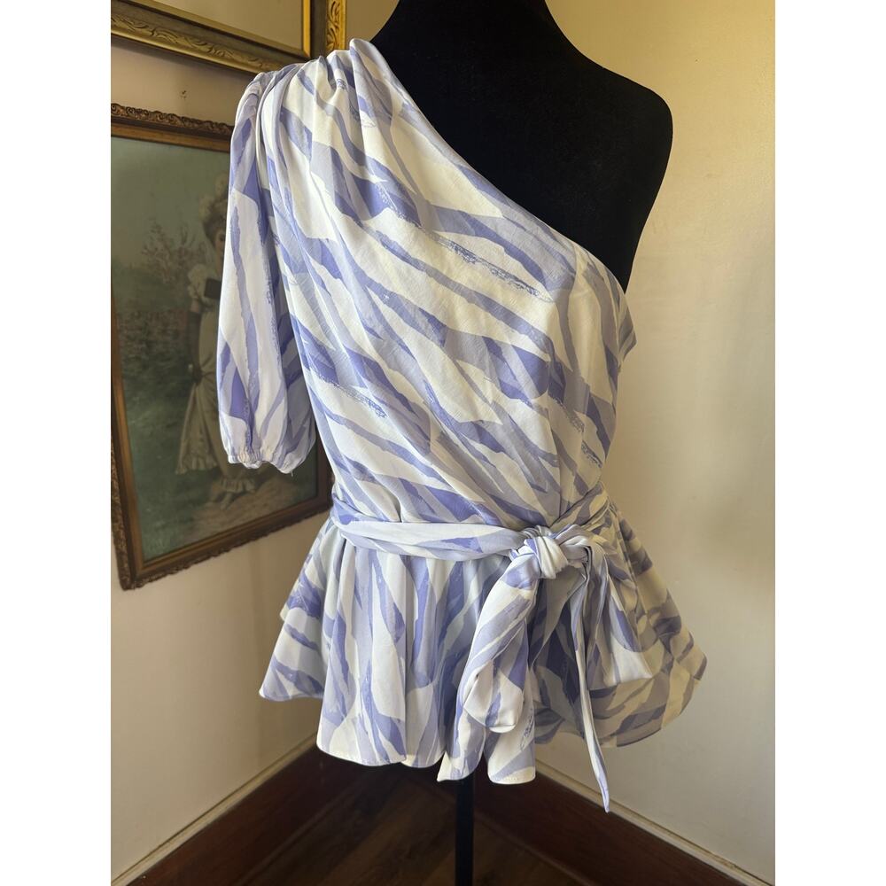 Nine West One Shoulder Blouse Lavender Zebra Print Belted Peplum L